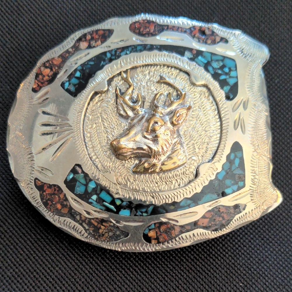 VTG Vintage Deer Buckle with Turquoise and Brown inlay